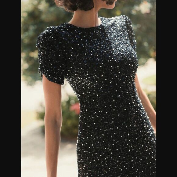 Mac Duggal 24003 Size 12 Black Pearl Gathered Short Sleeve Long Maxi Gown Dress - Picture 4 of 7